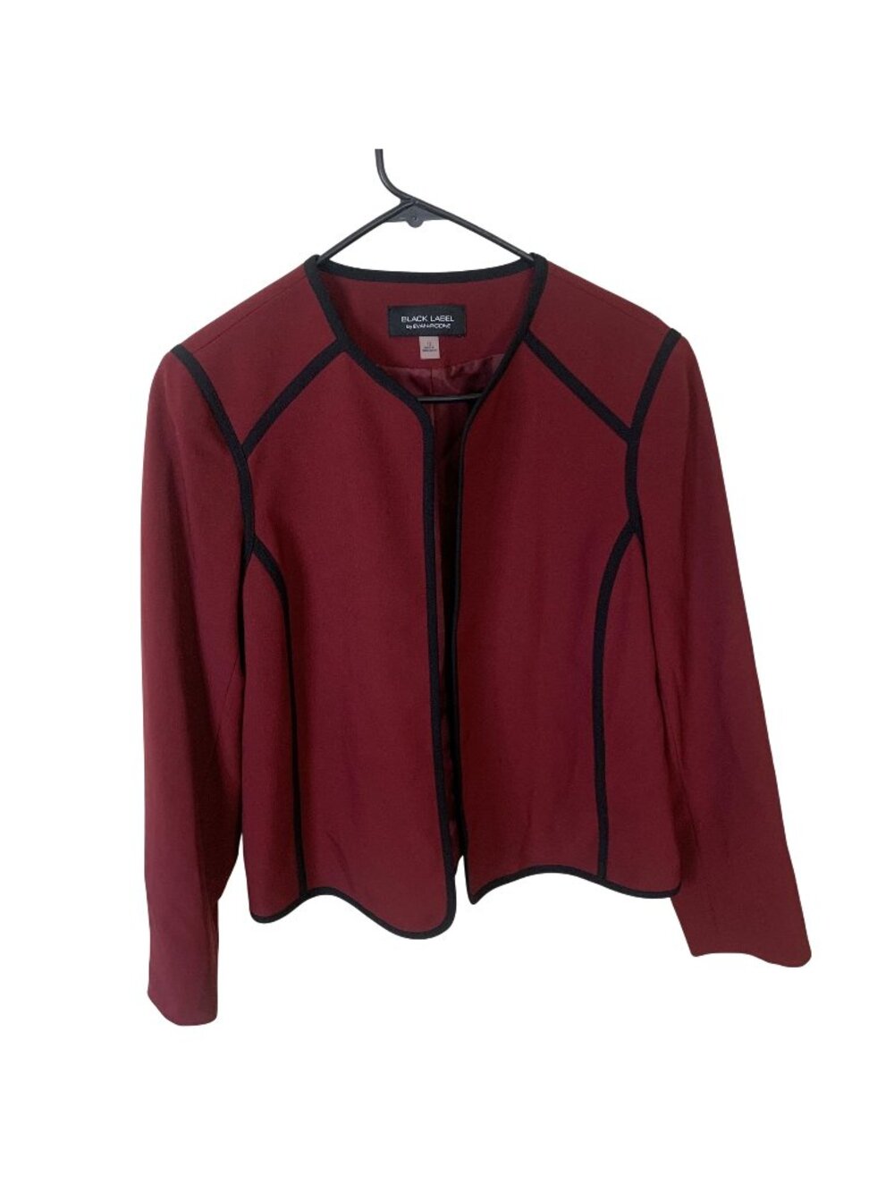 Womens Burgundy Blazer Black Label By Evan Picone Open Front Size 12 Black Trim